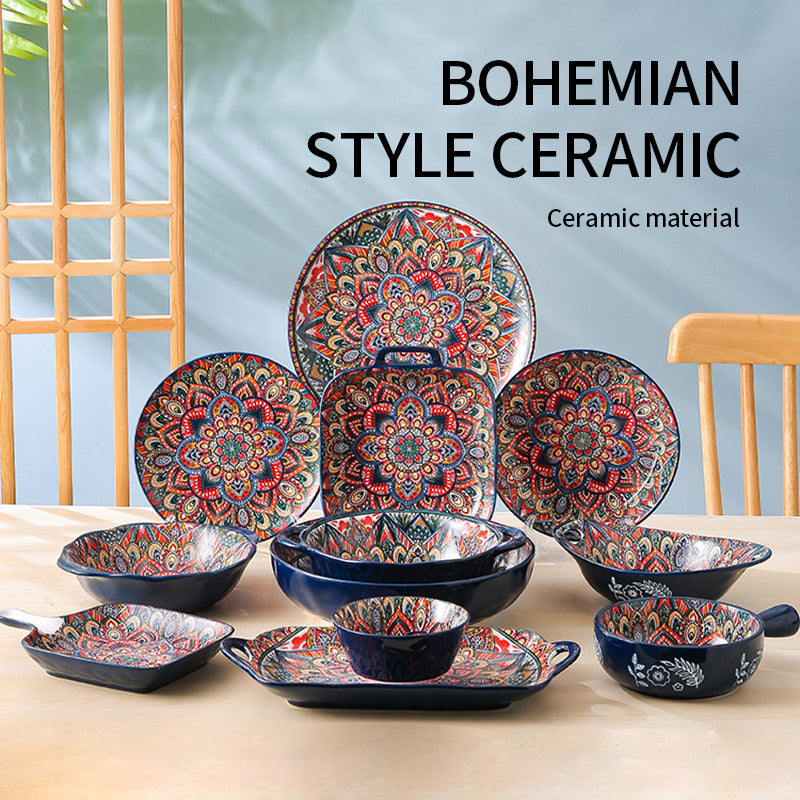 Yurtrain Hot Sale Custom Bohemia Style Floral Design Luxury Wholesale Porcelain Bowls Dishes Plates Sets Ceramic Dinnerware Set