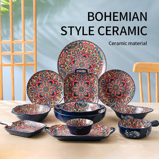 Yurtrain Hot Sale Custom Bohemia Style Floral Design Luxury Wholesale Porcelain Bowls Dishes Plates Sets Ceramic Dinnerware Set