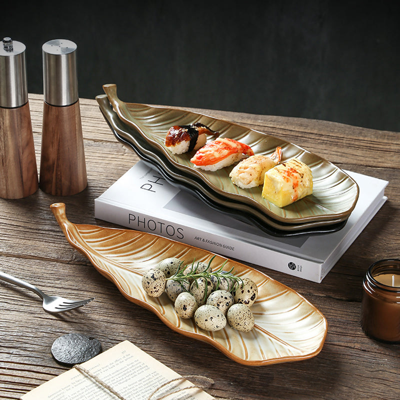 Wholesale 14inch Retro Vintage Irregular Rectangle Kitchen Dish Japanese Leaf Shape Ceramic Sushi Plate for Restaurant Hotel