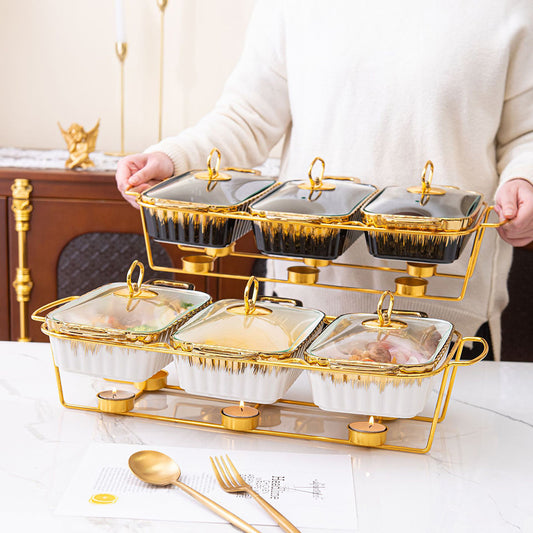 Yurtrain Europe Style Catering Equipment Buffet Serving Ceramic Chafing Dish Sets 3 Porcelain Casseroles Hot Pot Food Warmer