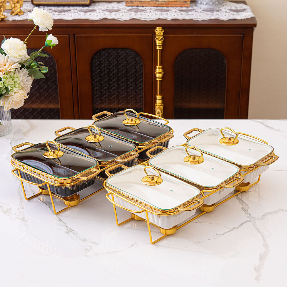 Yurtrain Europe Style Catering Equipment Buffet Serving Ceramic Chafing Dish Sets 3 Porcelain Casseroles Hot Pot Food Warmer