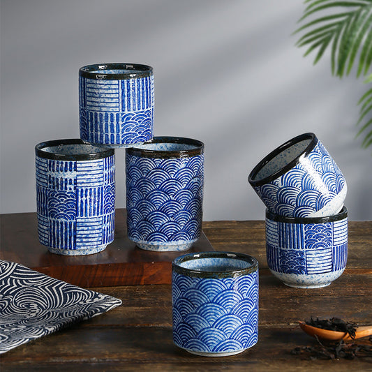 Japanese Design Vintage Matt Ceramic Blue Tea Water Cup No Handle Restaurant Porcelain Mug with Glaze for Tea & Coffee Serving
