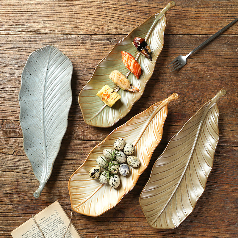 Wholesale 14inch Retro Vintage Irregular Rectangle Kitchen Dish Japanese Leaf Shape Ceramic Sushi Plate for Restaurant Hotel