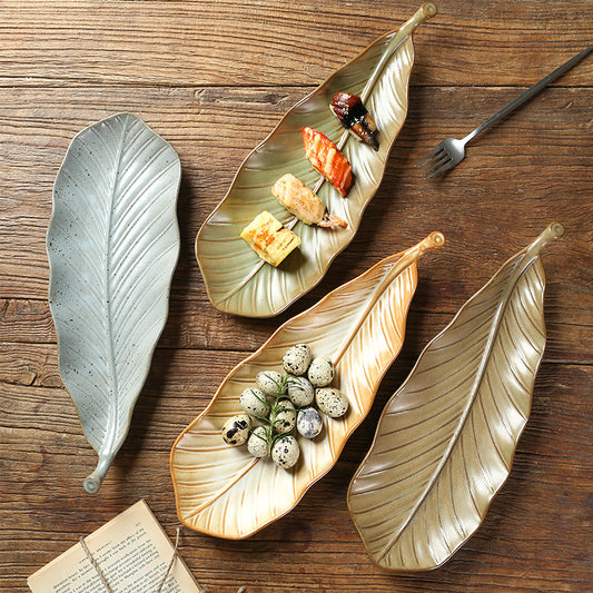 Wholesale 14inch Retro Vintage Irregular Rectangle Kitchen Dish Japanese Leaf Shape Ceramic Sushi Plate for Restaurant Hotel