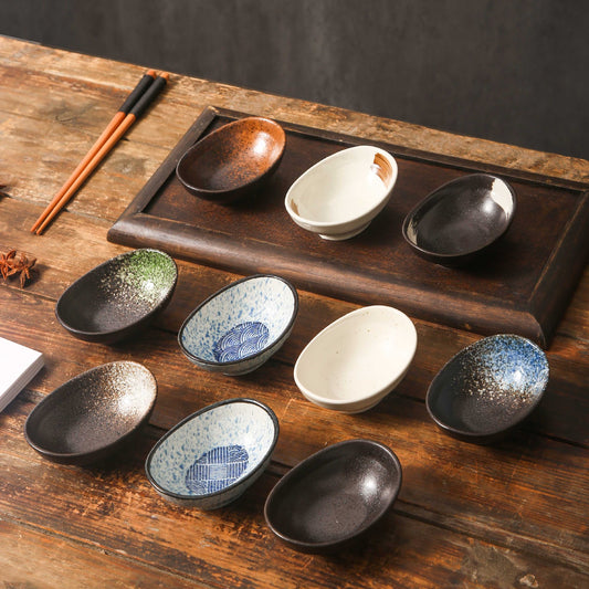 Yurtrain Japanese Retro Oval Shaped Ceramic Cooking Side Dishes Small Soy Sauce Dipping Spice Condiment Seasoning Dish