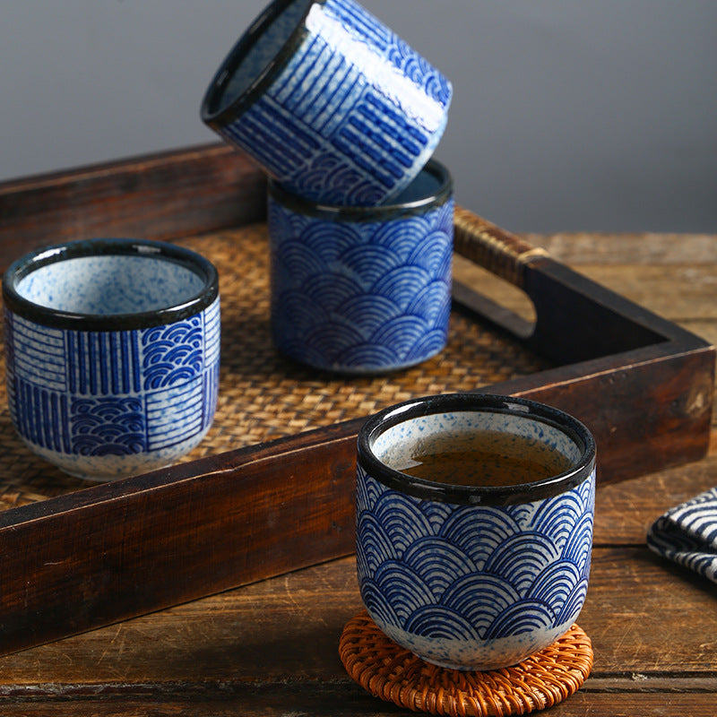 Japanese Design Vintage Matt Ceramic Blue Tea Water Cup No Handle Restaurant Porcelain Mug with Glaze for Tea & Coffee Serving
