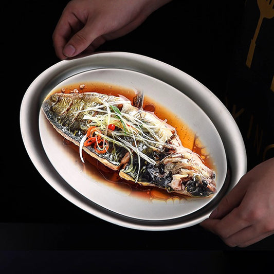 Yurtrain Stainless Steel Dish Plate Creative Golden Dan Shape BBQ Tray for Restaurant Oval Steamed Fish Plate Frost Technique