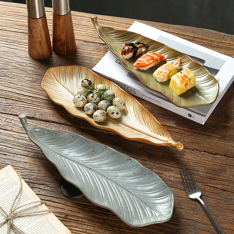 Wholesale 14inch Retro Vintage Irregular Rectangle Kitchen Dish Japanese Leaf Shape Ceramic Sushi Plate for Restaurant Hotel