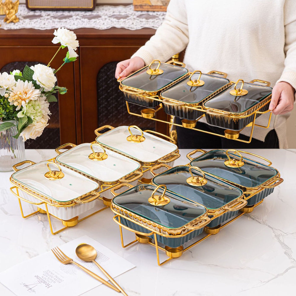 Yurtrain Europe Style Catering Equipment Buffet Serving Ceramic Chafing Dish Sets 3 Porcelain Casseroles Hot Pot Food Warmer