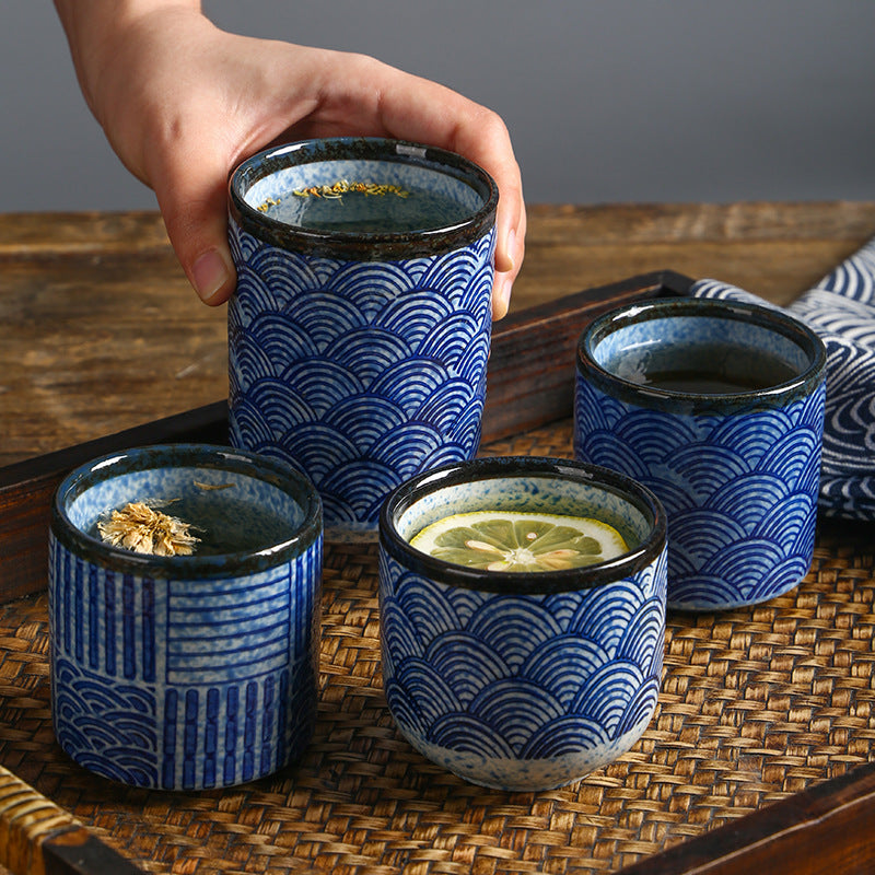 Japanese Design Vintage Matt Ceramic Blue Tea Water Cup No Handle Restaurant Porcelain Mug with Glaze for Tea & Coffee Serving