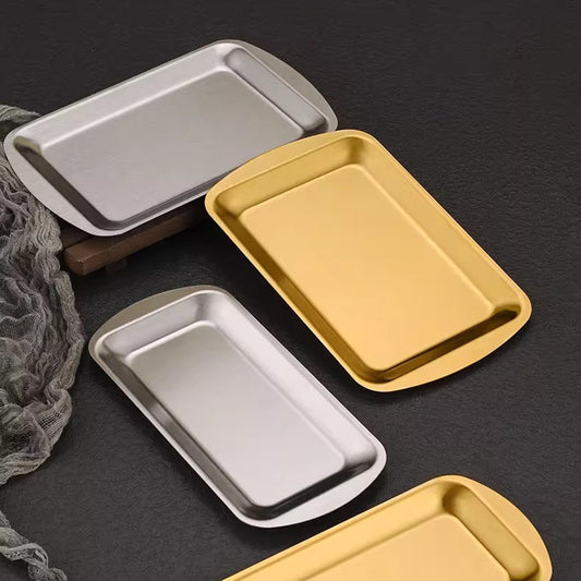 Yurtrain Korean Stainless Steel Rectangular Dish Golden Barbecue Plate with Flat Bottom Tray Shallow Plate Frosted Technique