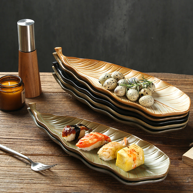 Wholesale 14inch Retro Vintage Irregular Rectangle Kitchen Dish Japanese Leaf Shape Ceramic Sushi Plate for Restaurant Hotel