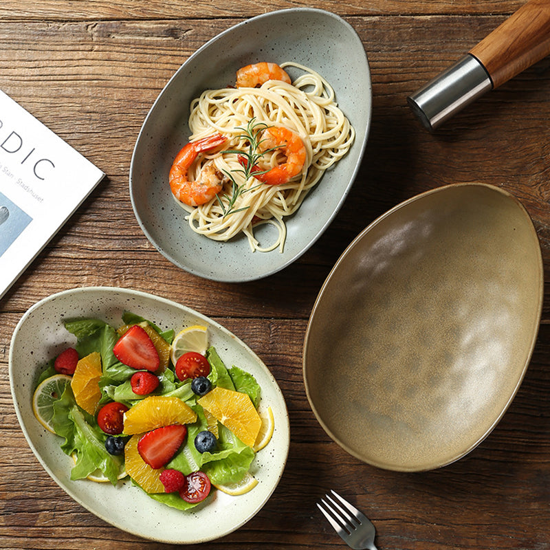 Yurtrain Japanese Handmade Ceramic Oval Bowl Deep Molecular Cooking Tableware for Dessert Spaghetti Salad Noodle Serving Bowls