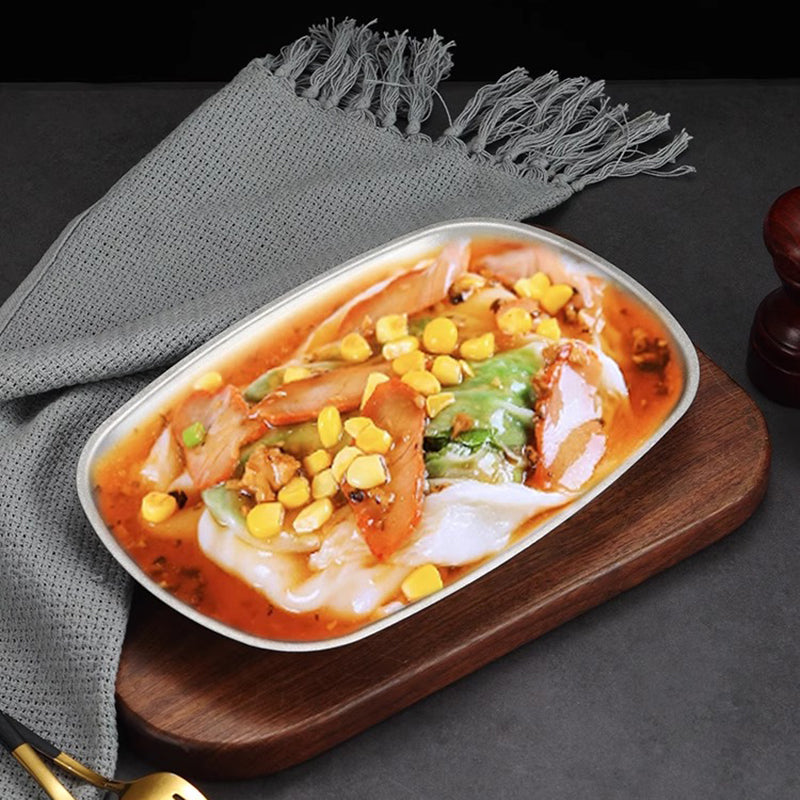 Yurtrain Custom Logo Vintage Square & Retro Style Oval Pasta Plate Stainless Steel Metal Food Dish for Restaurant Camping Snacks