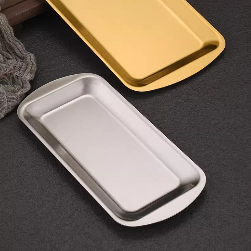 Yurtrain Korean Stainless Steel Rectangular Dish Golden Barbecue Plate with Flat Bottom Tray Shallow Plate Frosted Technique