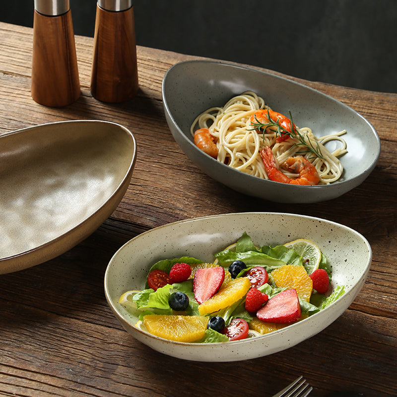 Yurtrain Japanese Handmade Ceramic Oval Bowl Deep Molecular Cooking Tableware for Dessert Spaghetti Salad Noodle Serving Bowls