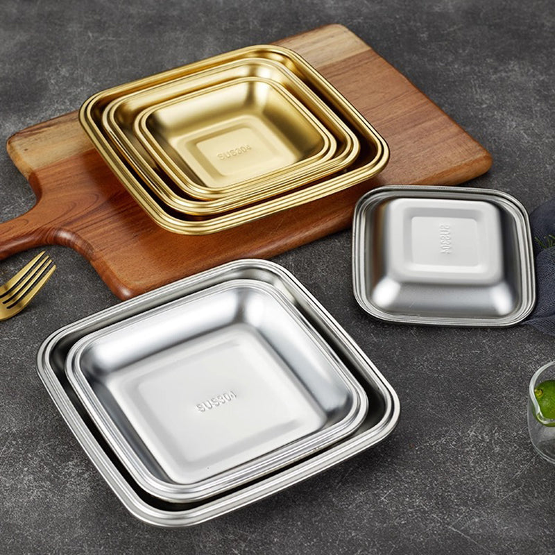 Yurtrain 304 Stainless Steel Square Plate Commercial Barbecue Dish Flat Bottom Tray for Rice Noodles Silver Wedding Accessory
