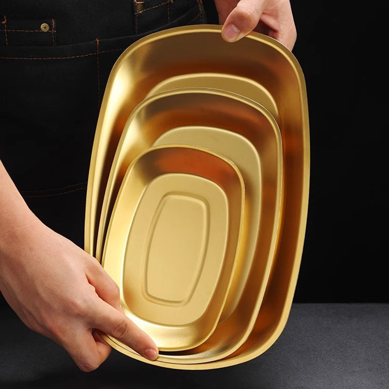 Yurtrain Custom Logo Vintage Square & Retro Style Oval Pasta Plate Stainless Steel Metal Food Dish for Restaurant Camping Snacks