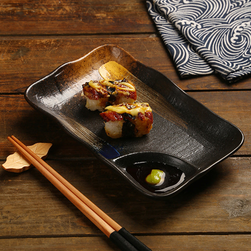 Yurtrain Japanese Style Eco-Friendly Porcelain Stoneware Sushi Plate Vintage Rectangular Dumpling Dish with Dip Saucer Pottery