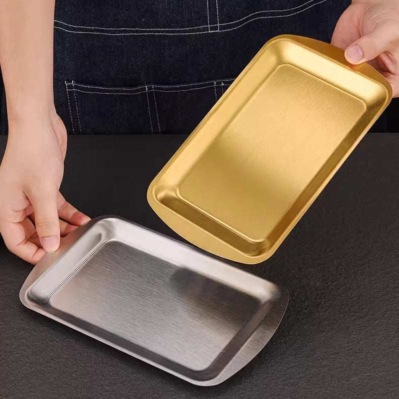 Yurtrain Korean Stainless Steel Rectangular Dish Golden Barbecue Plate with Flat Bottom Tray Shallow Plate Frosted Technique