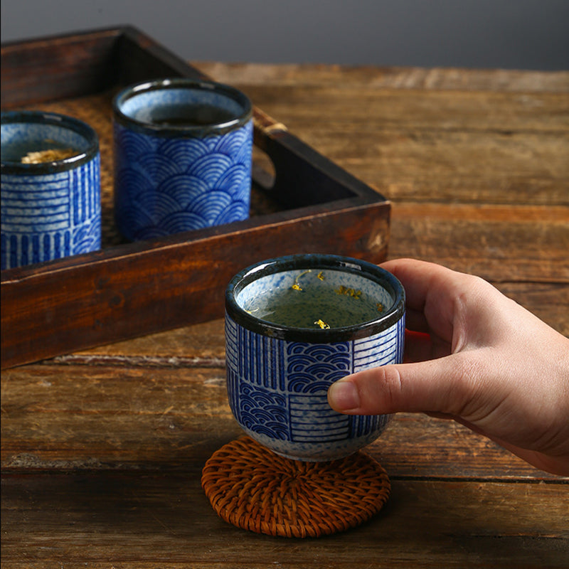 Japanese Design Vintage Matt Ceramic Blue Tea Water Cup No Handle Restaurant Porcelain Mug with Glaze for Tea & Coffee Serving