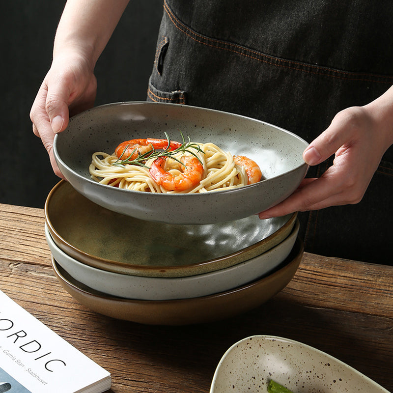Yurtrain Japanese Handmade Ceramic Oval Bowl Deep Molecular Cooking Tableware for Dessert Spaghetti Salad Noodle Serving Bowls
