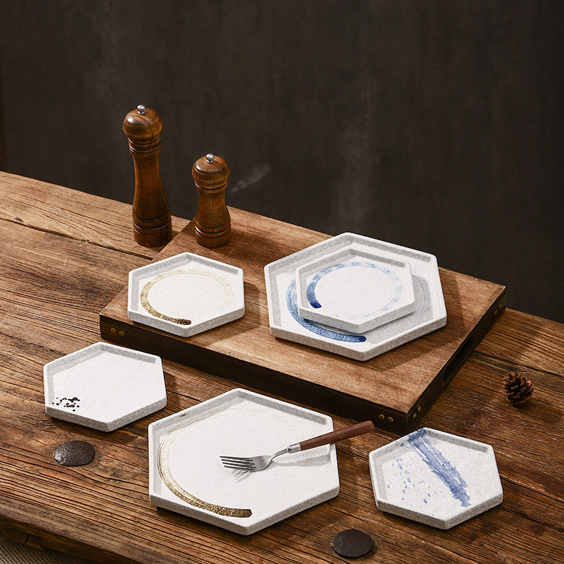 Nordic Hexagon Japanese Western Dinner Dish Commercial Underglaze Shallow Plate Ceramic Classical Flat Pasta Tea Cups Saucers