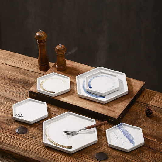 Nordic Hexagon Japanese Western Dinner Dish Commercial Underglaze Shallow Plate Ceramic Classical Flat Pasta Tea Cups Saucers