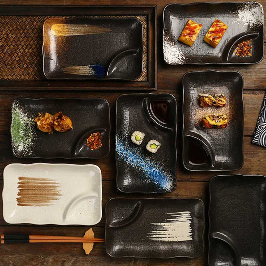 Yurtrain Japanese Style Eco-Friendly Porcelain Stoneware Sushi Plate Vintage Rectangular Dumpling Dish with Dip Saucer Pottery