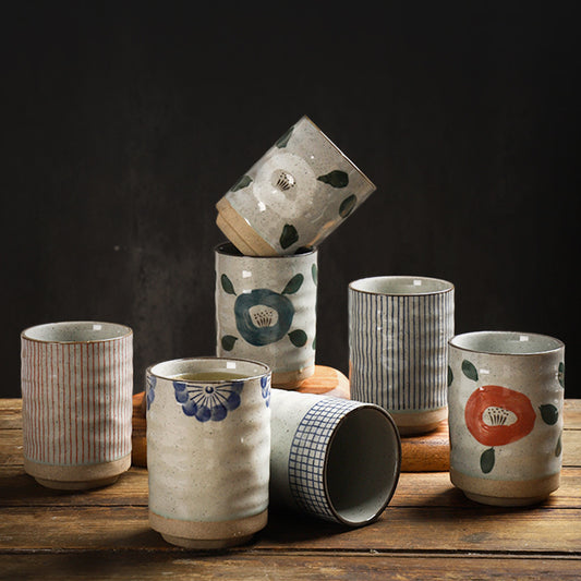 Japanese Retro Coarse Pottery Stoneware Coffee Mug Hand-Painted Ceramic Clay Espresso Cup Engraved Design for Tea Milk Water