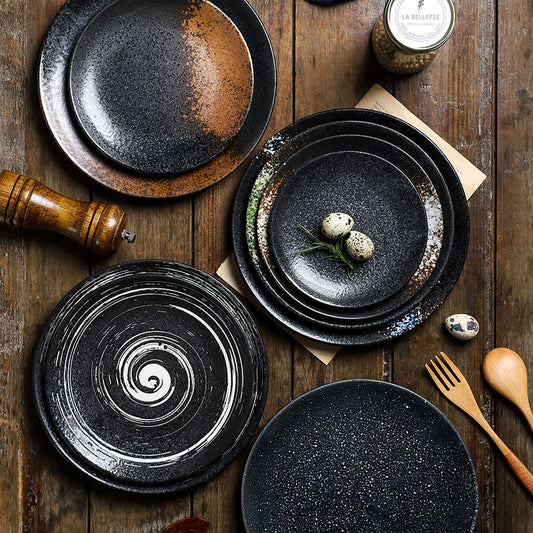 Stock Cheap Japanese Style Matte Black Restaurant Dinnerware Round Sushi Plates and Dishes Ceramic Dinner Serving Plates