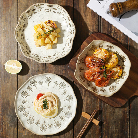 Porcelain Rustic Dinnerware Plates Handpainted Ceramic Under Glaze Color Irregular Plates for Restaurant Coarse Pottery Dish