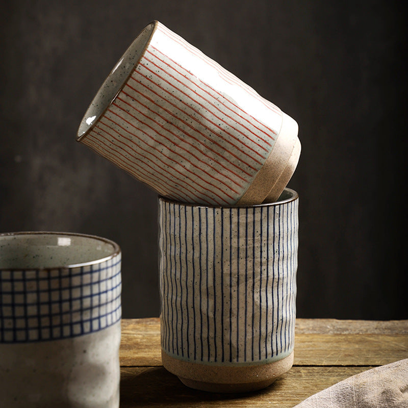 Japanese Retro Coarse Pottery Stoneware Coffee Mug Hand-Painted Ceramic Clay Espresso Cup Engraved Design for Tea Milk Water