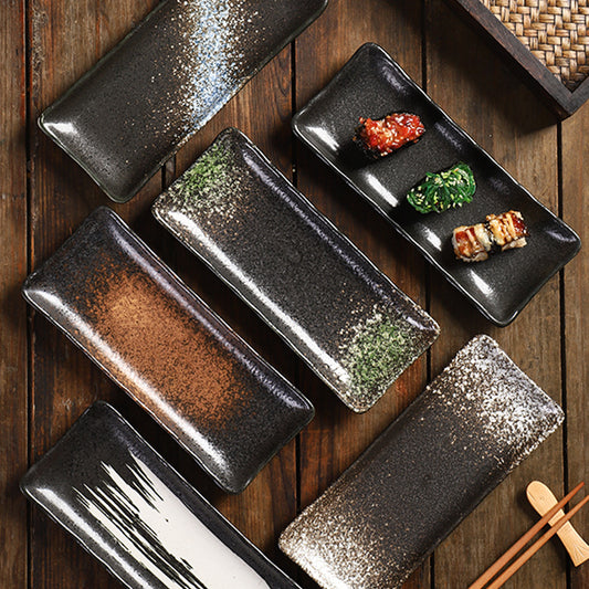 Japanese Style 8 Inch Rectangular Ceramic Sushi Serving Plate Frost Technique Salmon Seafood Tray for Restaurant Use