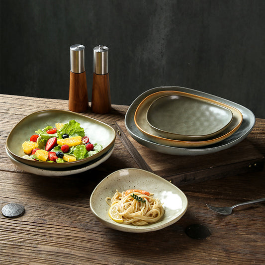 Vintage Japanese Coarse Ceramic Dessert Fruit Salad Bowl Plated Soup Plate with Frost Technique for Commercial Tableware Parties
