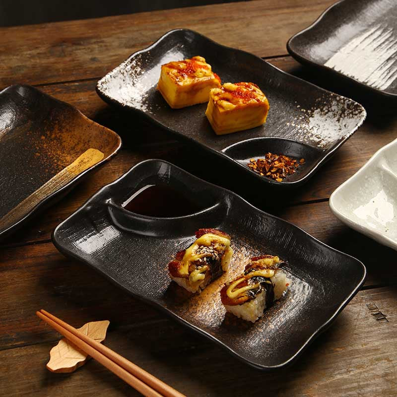Yurtrain Japanese Style Eco-Friendly Porcelain Stoneware Sushi Plate Vintage Rectangular Dumpling Dish with Dip Saucer Pottery