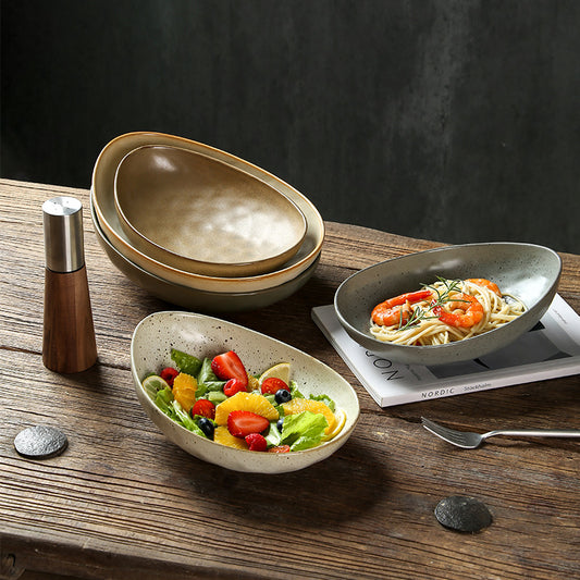 Yurtrain Japanese Handmade Ceramic Oval Bowl Deep Molecular Cooking Tableware for Dessert Spaghetti Salad Noodle Serving Bowls