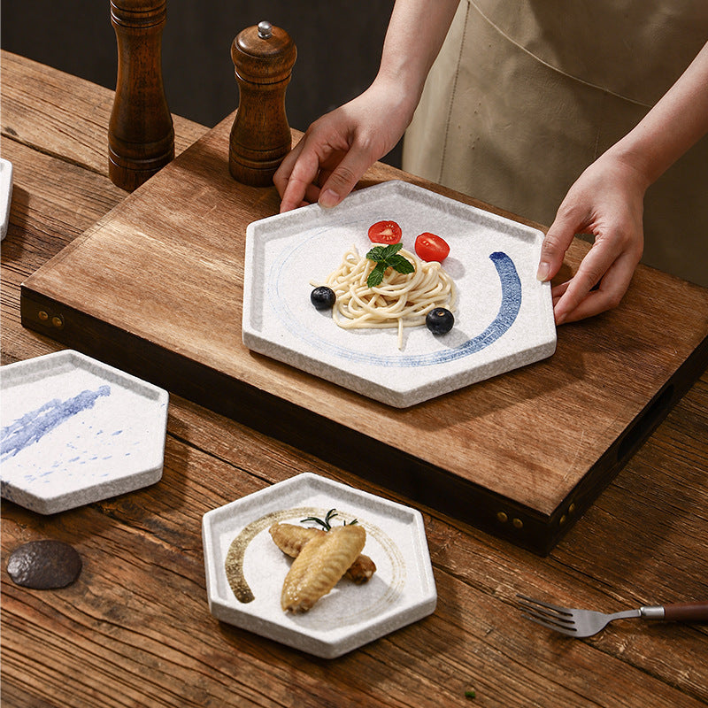 Nordic Hexagon Japanese Western Dinner Dish Commercial Underglaze Shallow Plate Ceramic Classical Flat Pasta Tea Cups Saucers