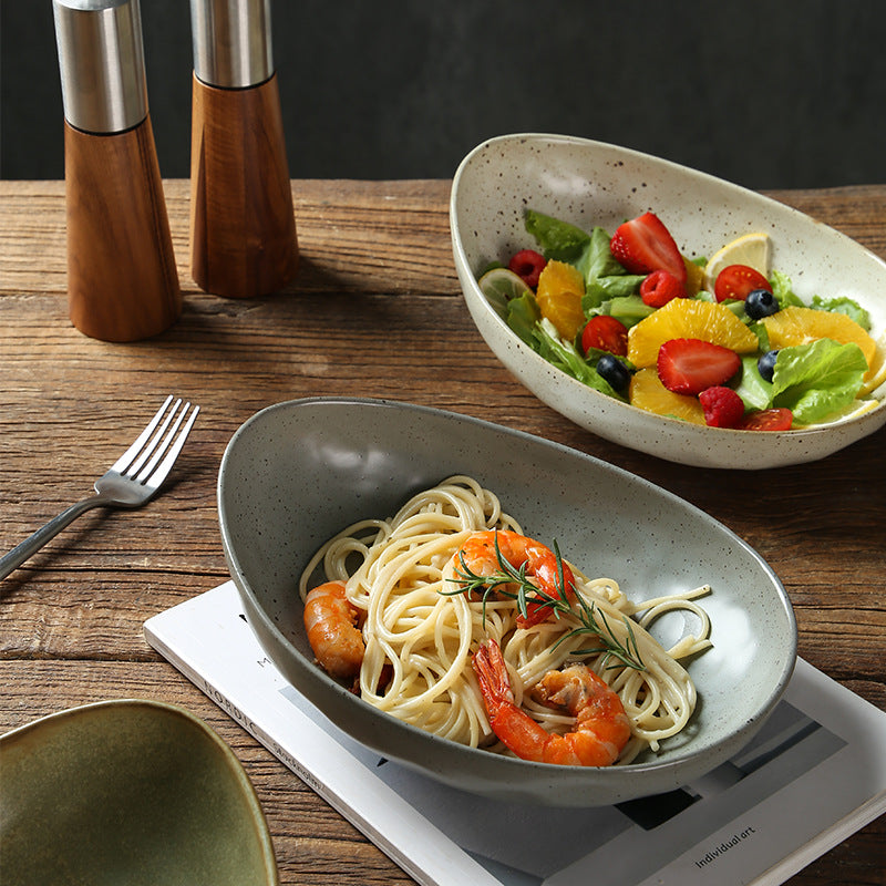 Yurtrain Japanese Handmade Ceramic Oval Bowl Deep Molecular Cooking Tableware for Dessert Spaghetti Salad Noodle Serving Bowls