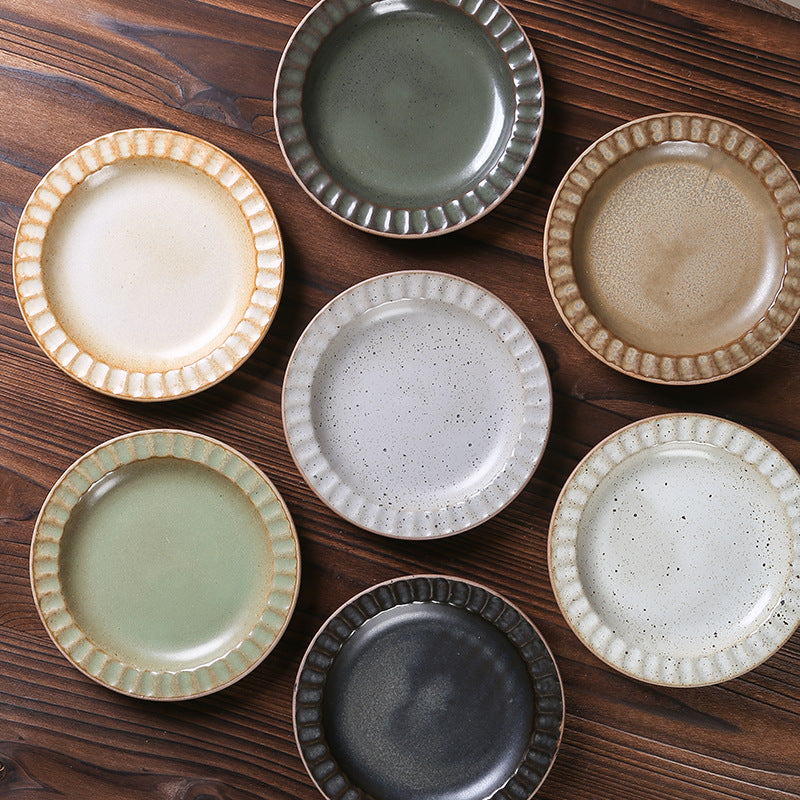 Yurtrain Porcelain Ceramic Plate Matte Crockery Dinner Plate Set High Temperature Hotel Retro Style Vintage Dinnerware Series