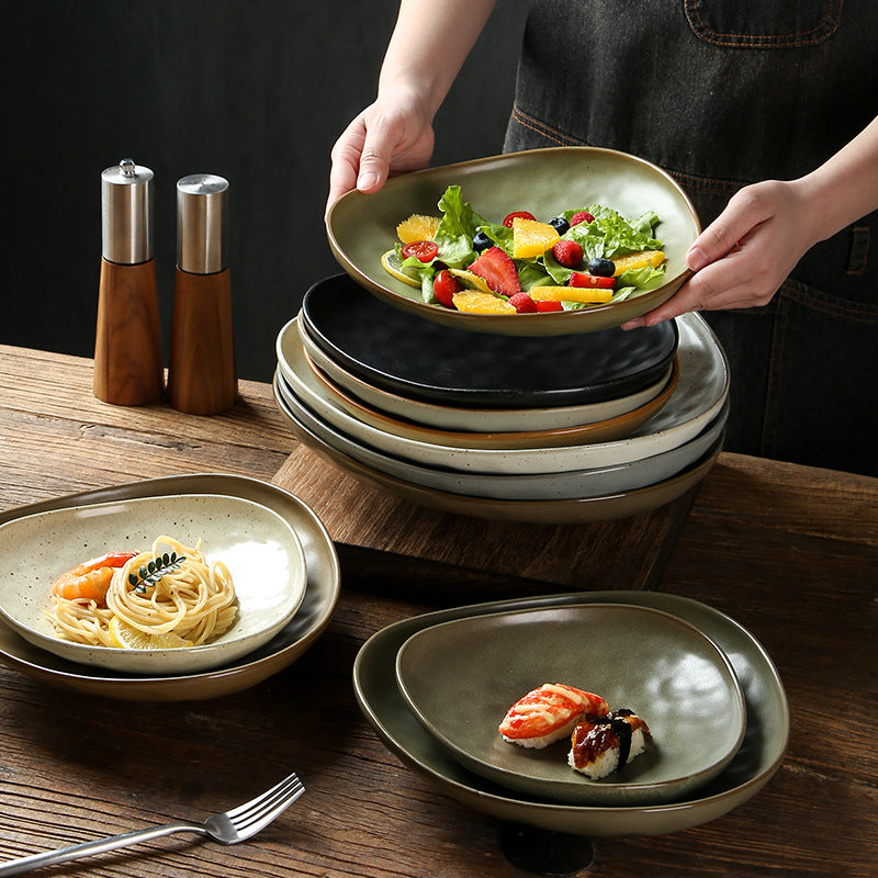 Vintage Japanese Coarse Ceramic Dessert Fruit Salad Bowl Plated Soup Plate with Frost Technique for Commercial Tableware Parties