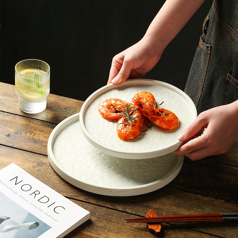 Yurtrain Japanese Flat Round Dinner Dishes Wholesale Western Pizza & Spaghetti Plates with Spots Frost Technique