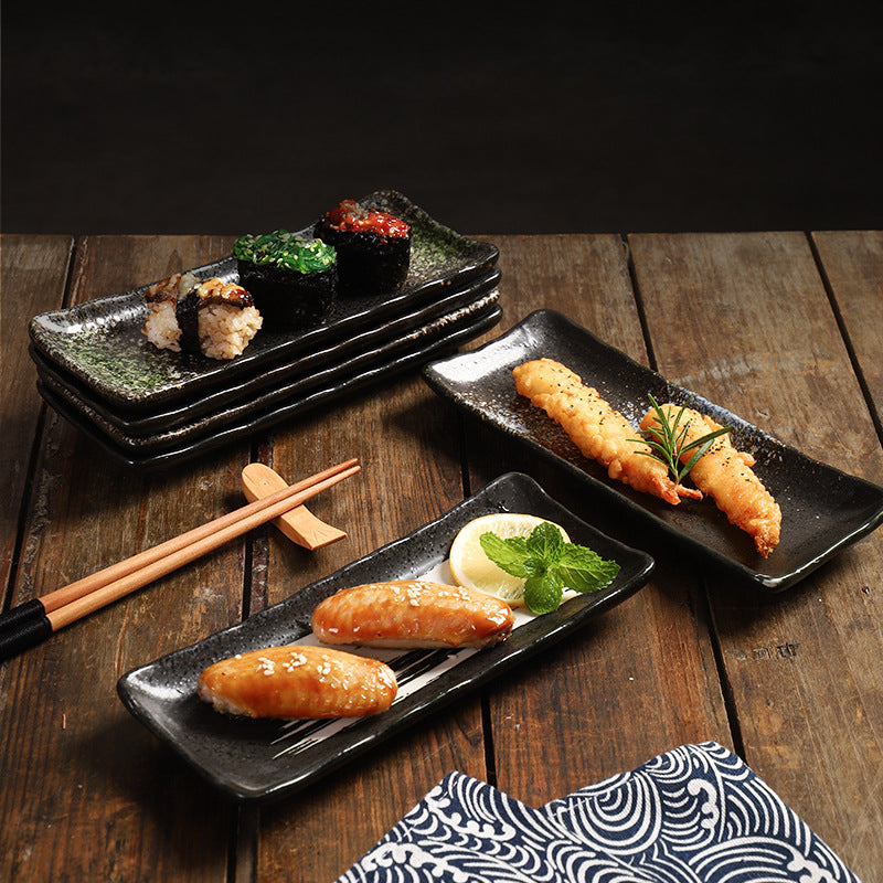 Japanese Style 8 Inch Rectangular Ceramic Sushi Serving Plate Frost Technique Salmon Seafood Tray for Restaurant Use