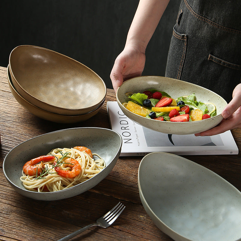 Yurtrain Japanese Handmade Ceramic Oval Bowl Deep Molecular Cooking Tableware for Dessert Spaghetti Salad Noodle Serving Bowls