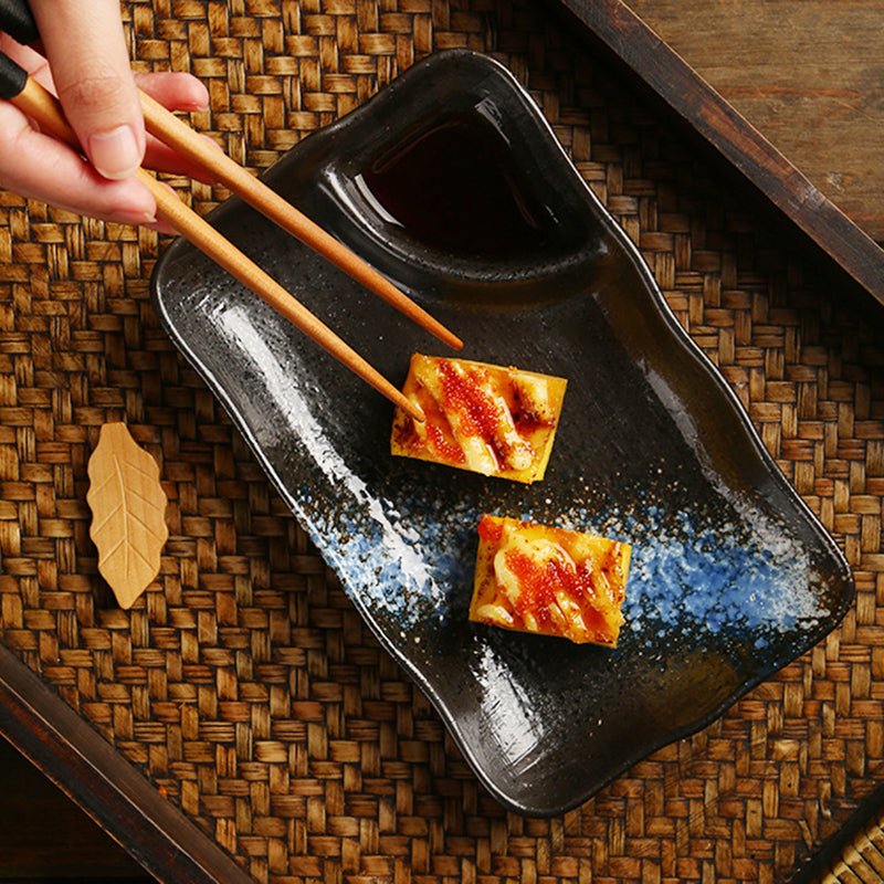 Yurtrain Japanese Style Eco-Friendly Porcelain Stoneware Sushi Plate Vintage Rectangular Dumpling Dish with Dip Saucer Pottery