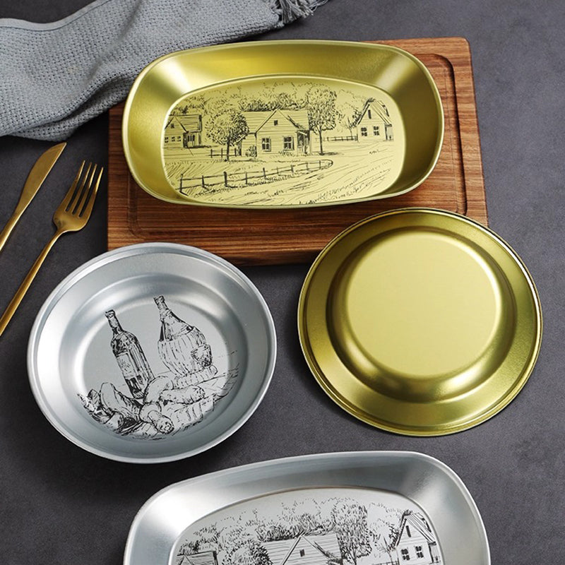 Yurtrain Custom Retro Pattern Logo Nordic Tinplate Round Plate Dish Wholesale Kitchenware for Snack/Steak Metal Tableware