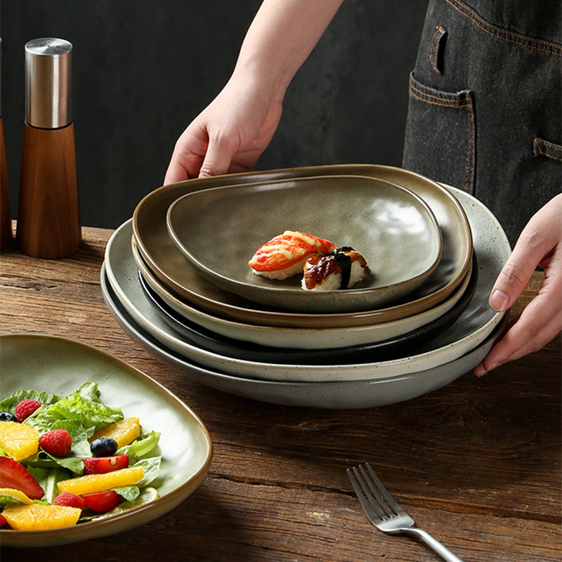 Vintage Japanese Coarse Ceramic Dessert Fruit Salad Bowl Plated Soup Plate with Frost Technique for Commercial Tableware Parties