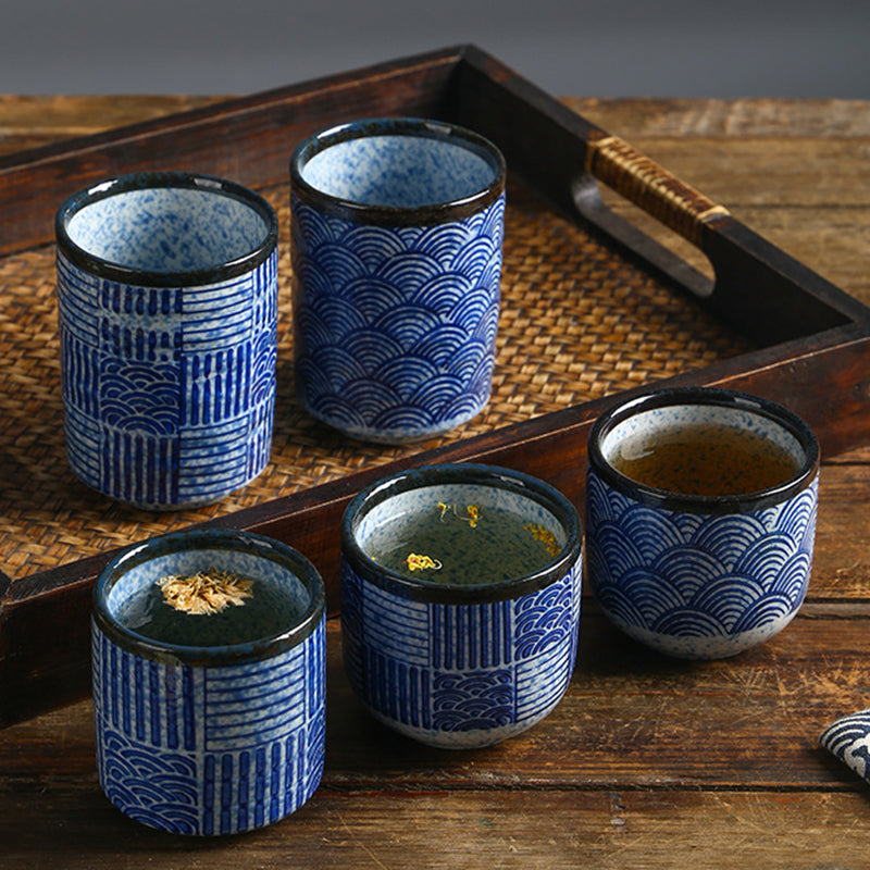 Japanese Design Vintage Matt Ceramic Blue Tea Water Cup No Handle Restaurant Porcelain Mug with Glaze for Tea & Coffee Serving