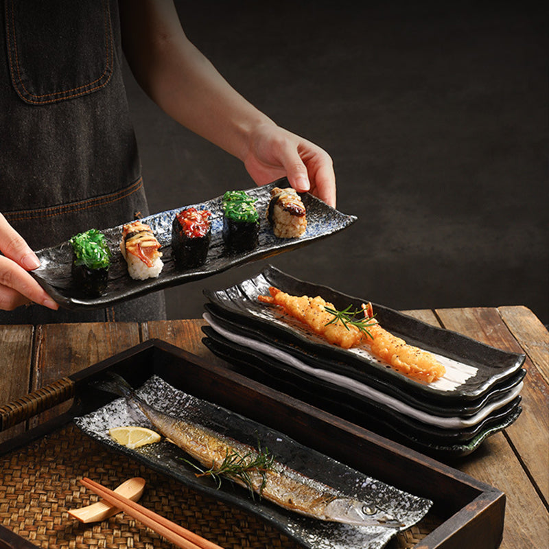 Japanese Style 8 Inch Rectangular Ceramic Sushi Serving Plate Frost Technique Salmon Seafood Tray for Restaurant Use