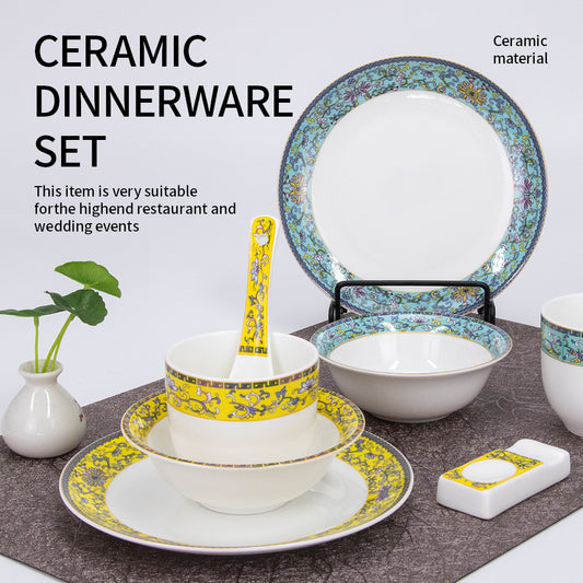 Yurtrain Durable Dinner Set Porcelain Enamel Color Chinese Style Bowls and Dishes Tableware for Gifts-Bowl Plate Ceramic Set
